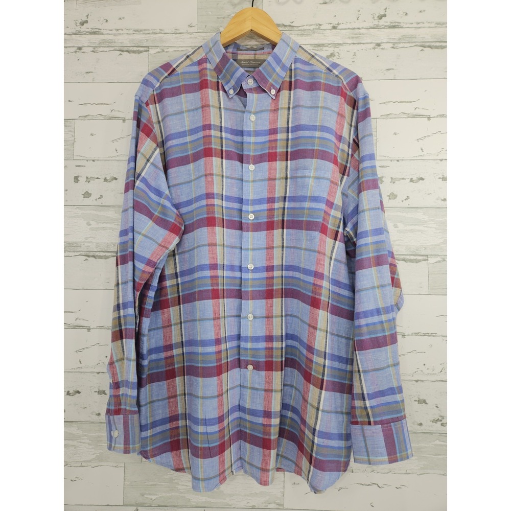 Daniel Cremieux Signature Collection Stretch Linen Plaid Shirt Men XL